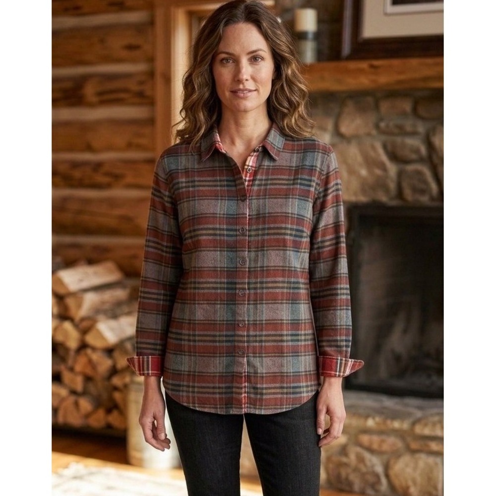 Carbon 2 Cobalt Button Down Shirt Womens Sz L Flannel Plaid Multi Preppy Cotton